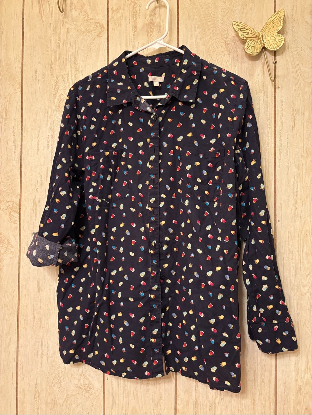 Talbots Navy Button-Down Shirt with Multicolor Acorn Print